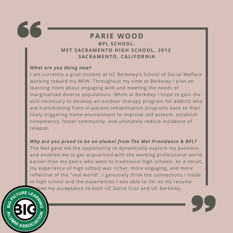 For today's alumni spotlight, we are happy to spotlight Met Sacramento's own Parie Wood 🎉 who is doing amazing work at UC Berkeley (Go Bears!) Let's show Parie some love!