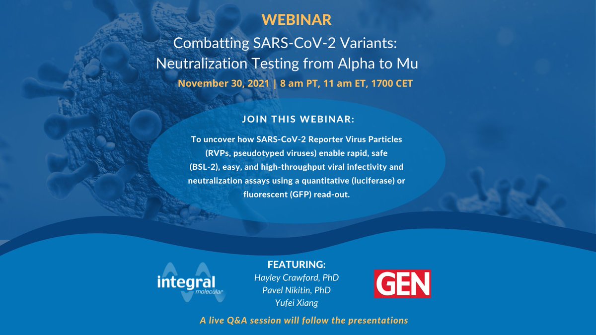 Register now for our webinar with Genetic Engineering &amp; Biotechnology News to learn  how SARS-CoV-2 Reporter Virus Particles enable researchers to rapidly test neutralization titers of antibodies and vaccine sera in a safe BSL-2 environment.
bit.ly/3n4oKZQ
#Biotech