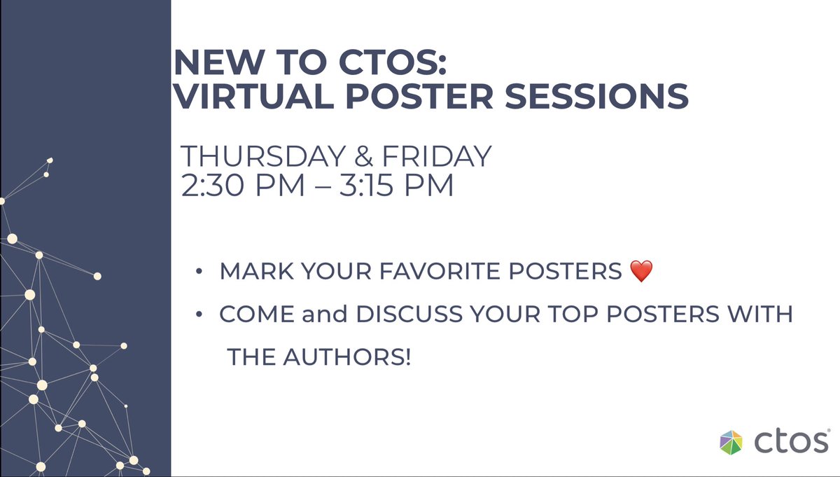 ctosociety's tweet image. New to the Virtual Meeting #CTOS2021 Live Poster Discussions.  Discuss your favorite ❤️ posters with the authors!  Taking place now! #ctos #sarcoma #postersession