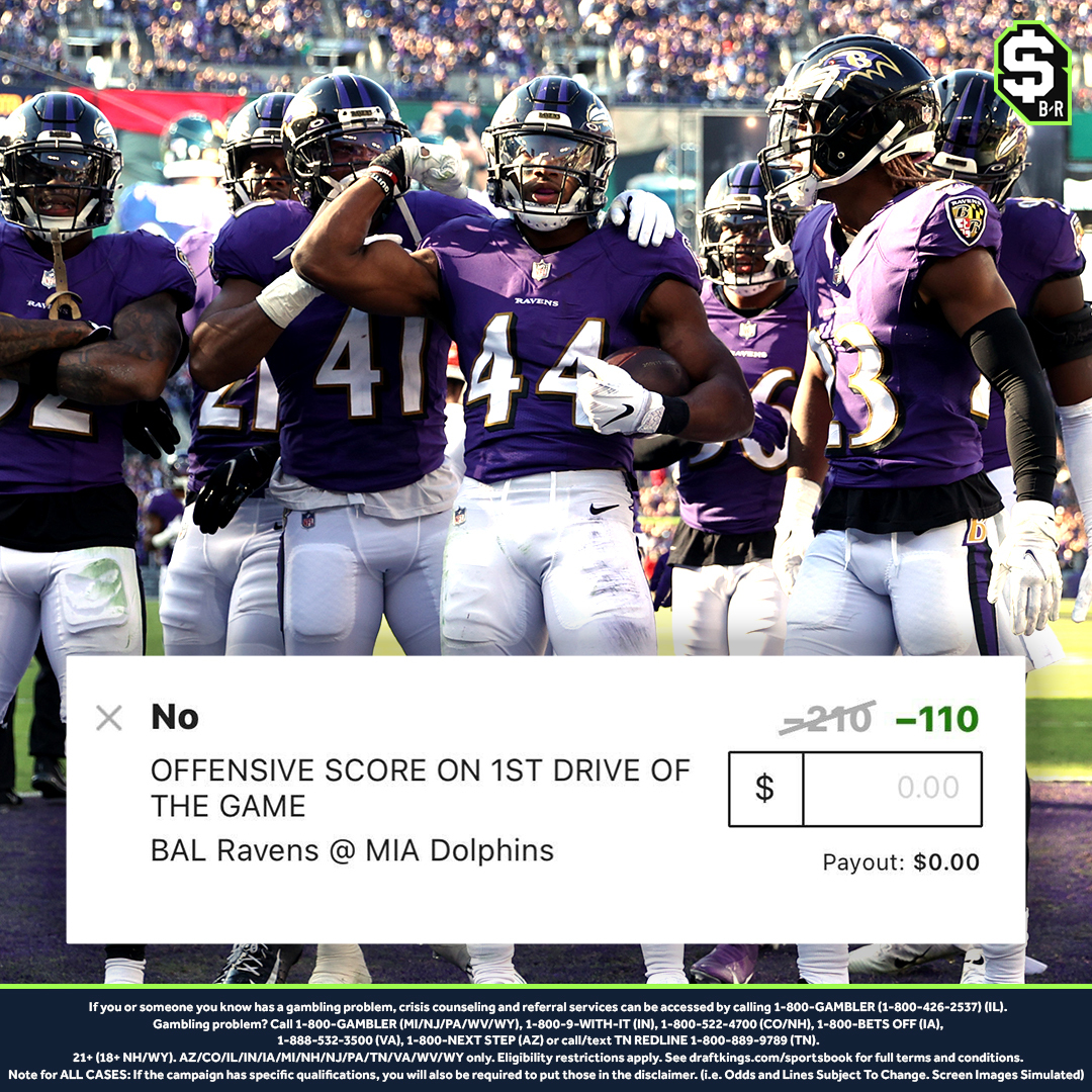 br_betting's tweet photo. 🤑 TNF NO SCORE FIRST DRIVE ��

We’re rocking with the NSFD for BAL-MIA tonight and giving away shirts to 5 followers who RT this and reply #BRBettingNSFD if it hits

AND @DKSportsbook has boosted the NSFD to -110.

Bet the boost here ➡️ https://t.co/dqirwwsvqi https://t.co/hlVD4HmQup