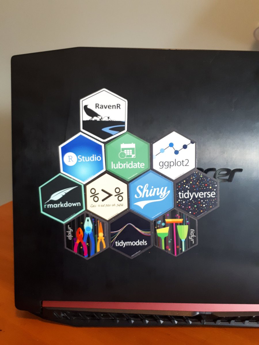 rchlumsk's tweet photo. The ol' laptop is getting some flash.

I'm a bit partial to the top hex sticker :)

Thanks @rstudio for sending the others! 

#rstats #hexstickers #ravenr https://t.co/ng9g36xWYX