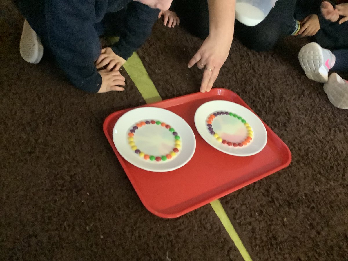 brightstarsrud's tweet photo. Our experiment today was exploring what happens when you add warm milk to Skittlesπ₯ We loved watching the colours spread out on the plates! ππ₯#skittleexperiment #exploringcolours https://t.co/PiKNoNnhAv