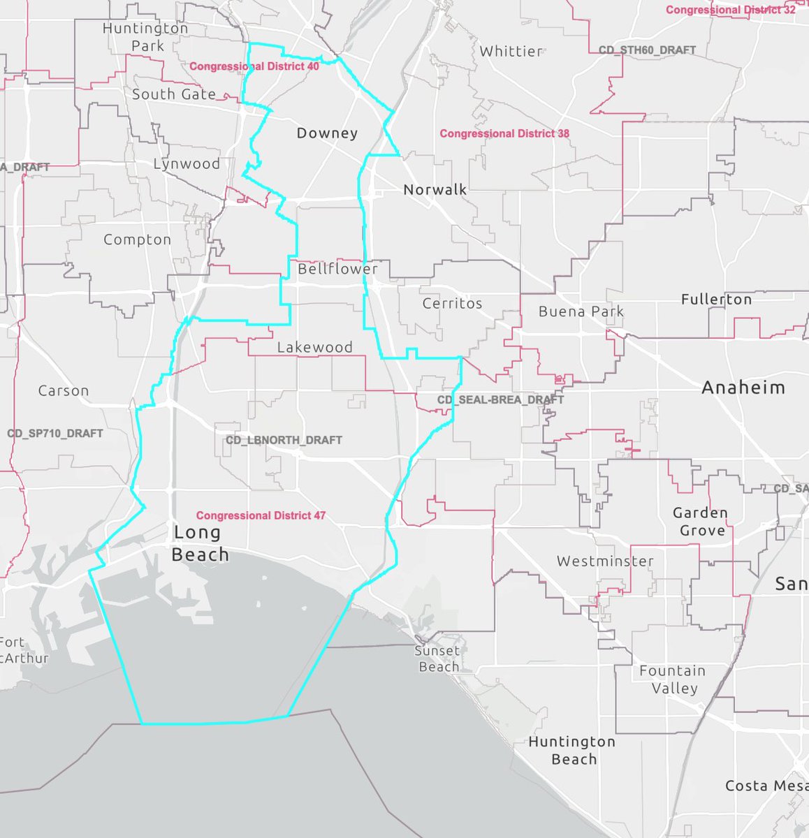 DamonMag's tweet photo. @profnachos Yes. The new district would be north-south from Downey to Long Beach. https://t.co/tNwC7Xd2io