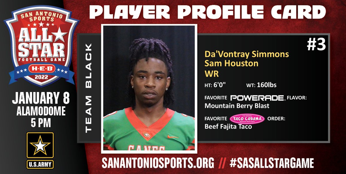 Meet @Dvontray3 from <a href="/SAHoustonFB/">Hurricane Football</a> who will compete in the San Antonio Sports All-Star Football Game pres. by <a href="/HEB/">H-E-B</a> at the Alamodome on Jan. 8 <a href="/ArmySanAntonio/">GoArmy San Antonio</a> #SASAllStarGame <a href="/USArmy/">U.S. Army</a> #WhatsYourWarrior <a href="/POWERADE/">POWERADE</a> <a href="/TacoCabana/">Taco Cabana</a> <a href="/SAISD/">San Antonio ISD</a> <a href="/SAISDAthletics/">SAISD Athletics</a> <a href="/SAISDSamHouston/">Sam Houston High School, SAISD</a>