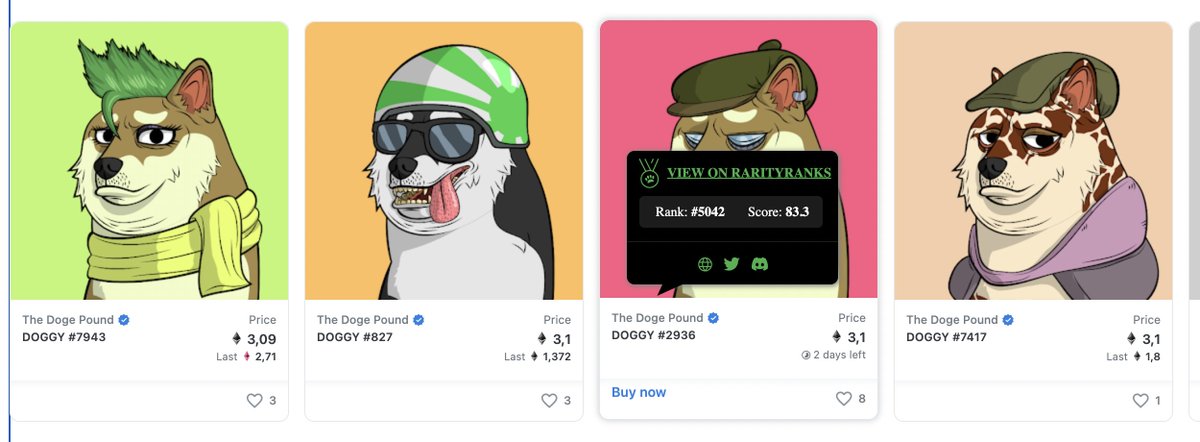 H0ogie's tweet photo. Tired of copy pasting ID's to check NFT rarity? @TheDogePoundNFT fixed this! They developed a new tool @RarityRanks They have a slick website but you can also install their chrome extension and hover over NFTs you like and it will show their rarity right on your screen. AMAZING! https://t.co/AZQyPLdipE