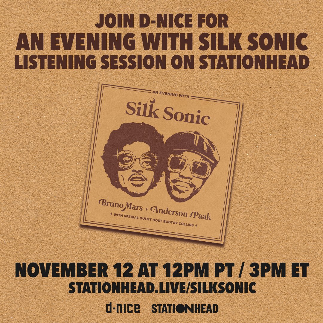 silksonic's tweet photo. Join @dnice for ‘An Evening With Silk Sonic’ listening session on @stationhead tomorrow at 12pm PT/ 3pm ET ✨ @brunomars @andersonpaak https://t.co/FRkXLz0NN3 https://t.co/BCbMbzccIJ