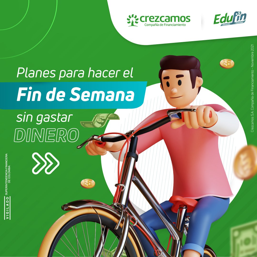 Crezcamos's tweet photo. ¡Para divertirse no es necesario gastar dinero! 🤑💸 Por eso hoy le traemos algunos planes que puede hacer este fin de semana con festivo incluido. 

Impulsar su progreso y crecimiento es nuestra prioridad🌳💚.

#Crezcamos #CompañíadeFinanciamiento #Edufin #EducaciónFinanciera https://t.co/Ce0Et5zfYj