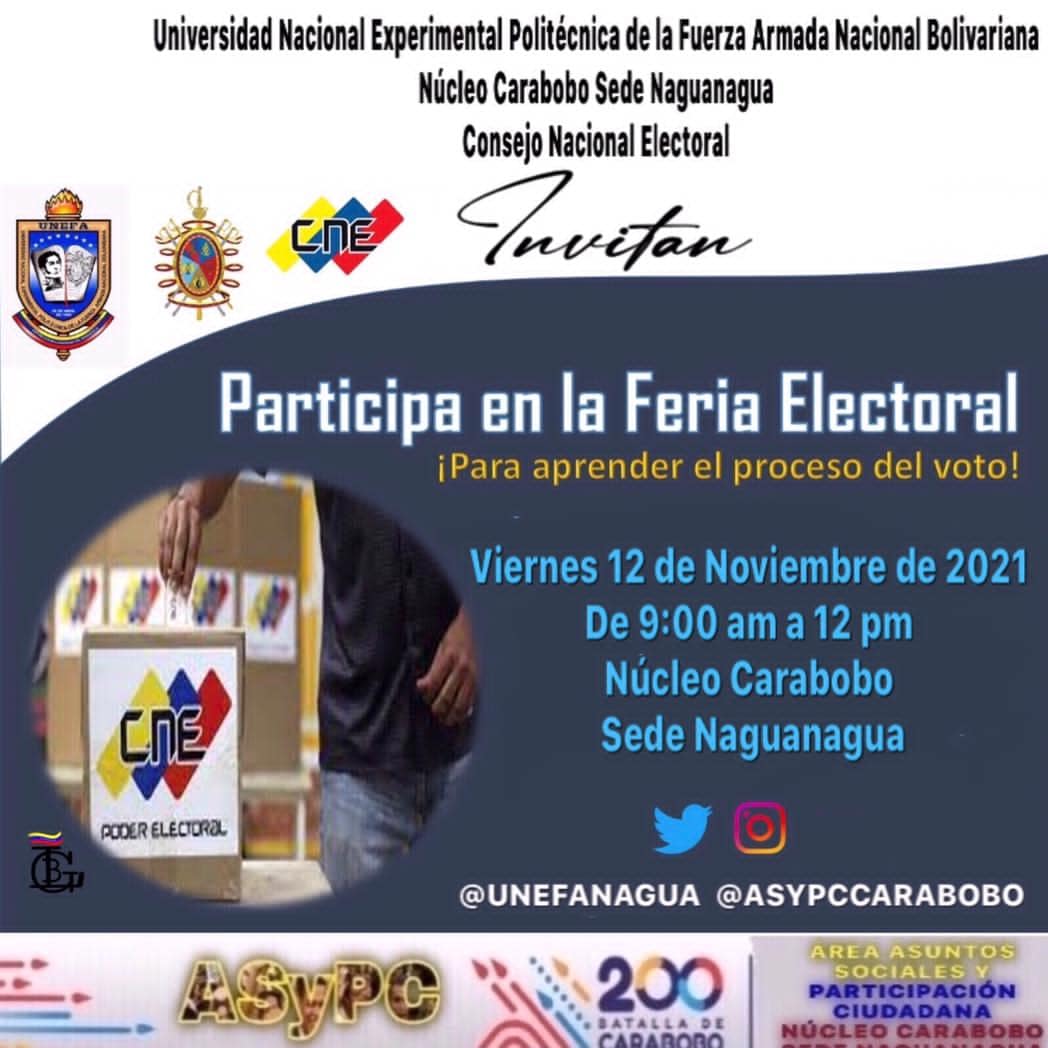 extension_guaca's tweet photo. La #unefa #NúcleoCarabobo te invita a participar en la #FeriaElectoral este viernes #12nov desde las 9 de la mañana hasta las 12 del mediodía en la Sede Naguanagua te esperamos... @Unefa_VEN @UnefaNagua @ASyPCCARABOBO @angiolillofp https://t.co/BhUIiVRGK4