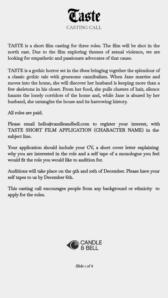 CandleAndBell's tweet photo. ***CASTING CALL PAID ROLES***
We are casting for our new short film TASTE. The roles will be paid and filming will take place in the North East of England. 
Auditions will be held the week of the 13th December and the shoot will be in February 2022. https://t.co/DAJ5twrQmU