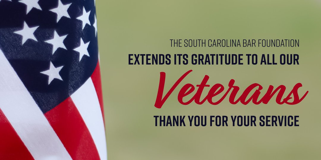 SCBarFoundation's tweet photo. We honor our Veterans today and everyday by granting funds to support The Veterans Legal Clinic which is a clinic run through @UofSCLaw that serves the legal needs of indigent veterans and their families.
Thank you, Veterans, for your service!
#scbarfoundation #VeteransDay2021 https://t.co/VTNlsbNfKr