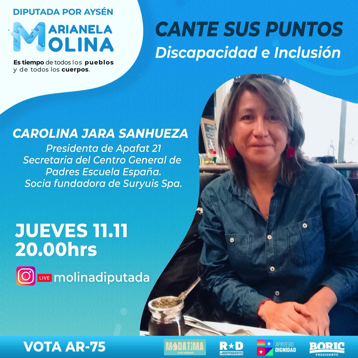 NelaMolina_'s tweet photo. 🔴"Cante sus puntos"🧉Hoy, 20.00hrs, ig: https://t.co/xKqRllWsUX Hablaremos de discapacidad e #inclusión con Carolina Jara, presidenta de #Apafat Agrupacion de padres,amigos y familiares de personas con Síndrome de Down, de #Coyhaique; y emprendedora, socia fundadora de #Suryuis https://t.co/oYVYM6Rptj