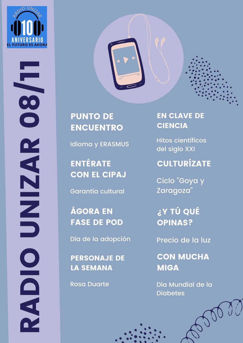RadioUnizar's tweet photo. Esta semana, nuevos capítulos de nuestros programas.

🎧 Idioma y Erasmus.
🎧 Día de la adopción.
🎧 Precio de la luz.
🎧 Hablamos con Rosa Duarte.

¿Ya nos has escuchado?

#UNIZAR https://t.co/EPIeD1Iyk0