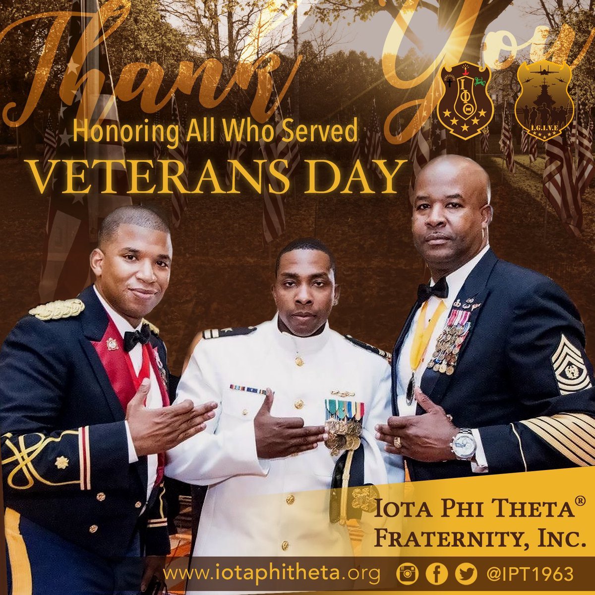 IPT1963AOO's tweet photo. #AOOIotas, chartered as a military chapter of #IotaPhiTheta, holds dearly the special nature of #VeteransDay. Many of our chapter brothers are veterans. We thank you brothers and all veterans for your service. In fact, 2 brothers in the attached graphics were #AOOIotas. https://t.co/rlTJCTAZya