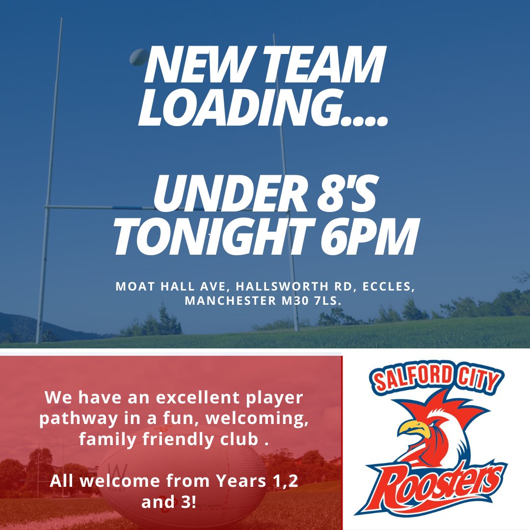 If you have a child in years 1, 2  or 3 that want to try #RugbyLeague bring them down to the club this evening for the brand new U8s sessions.
This is open to all to come and give it a go.
We have fantastic coaches that are excited to welcome you all. #SalfordRoosters #Salford