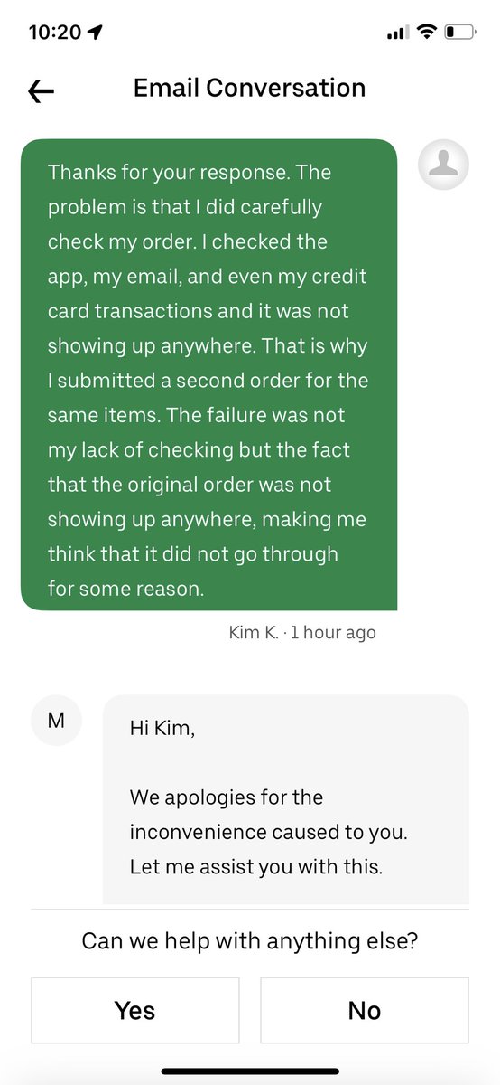 Scheduled an <a href="/UberEats/">Uber Eats</a> order for dinner yesterday. Check it midday, orders disappeared from the app. Order again. Both orders delivered. Contact cust svc, keep getting same lame response. Switching to <a href="/DoorDash/">DoorDash</a> n the future.