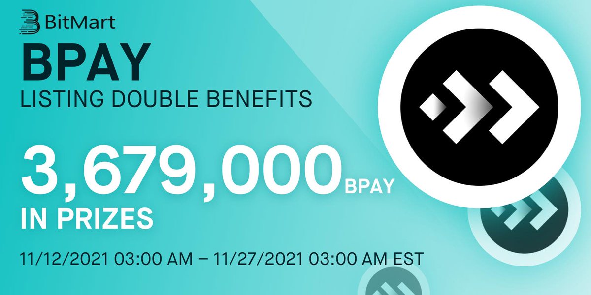 BitMartExchange's tweet photo. 🔔 BNBPAY (BPAY) @BnbPay  listed on November 3, 2021 EDT! 

🎉 To celebrate the listing of BPAY, we are giving away a total of 3,679,000 BPAY in our BPAY Hold &amp; Earn and Net Buying Competition Event!

👉 Details: https://t.co/Y7gm5ZOmFi https://t.co/FX6iz3SsVe