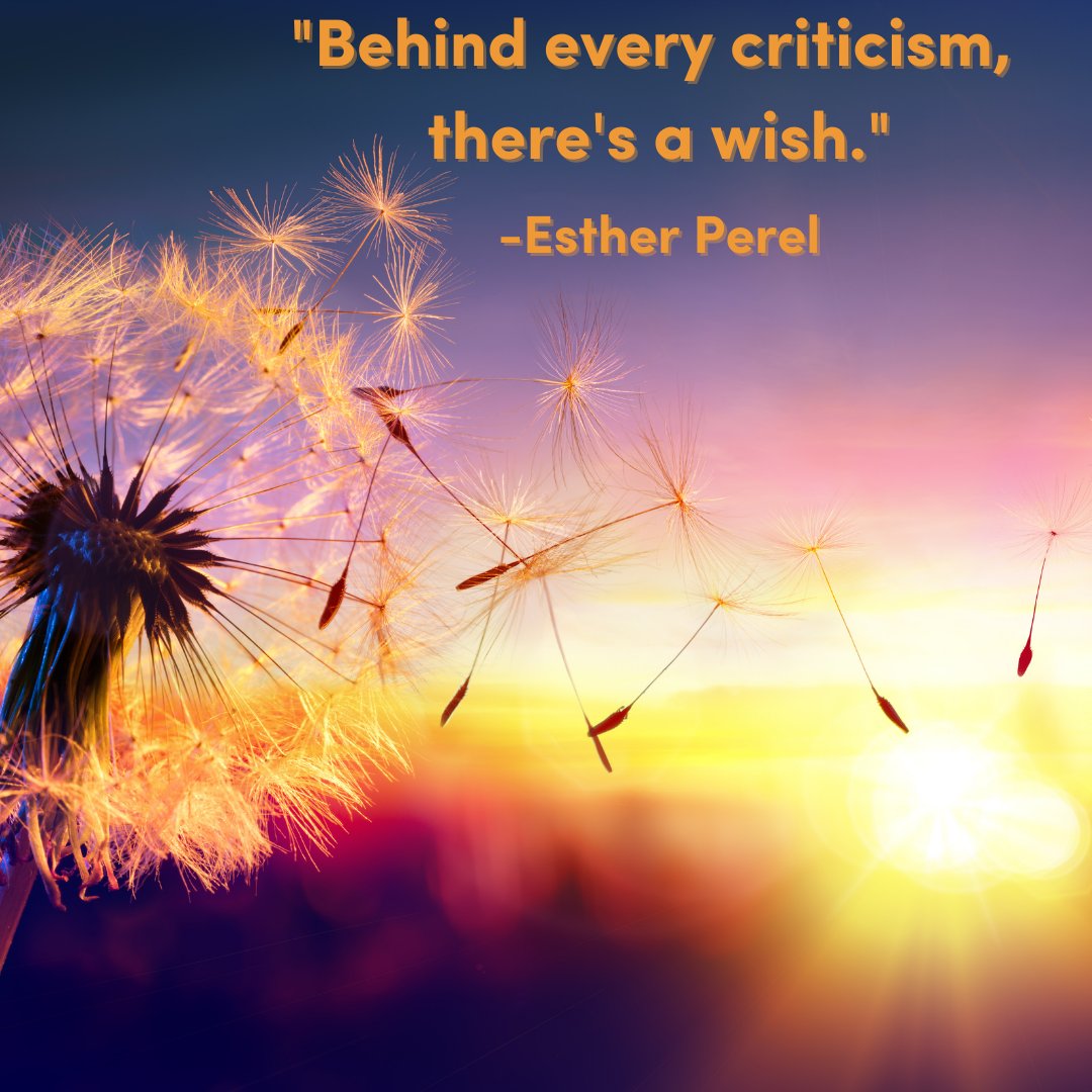 DeYoeWealth's tweet photo. @EstherPerel on criticism.
Behind every criticism, there is a hidden wish. When you are criticized, can you hear the wish? Instead of criticism, can you be vulnerable and express your wish?
Listen to more from Esther: https://t.co/IY9KGlAM7G
#mindfulness #relationshipwork https://t.co/aAL15iA5jM
