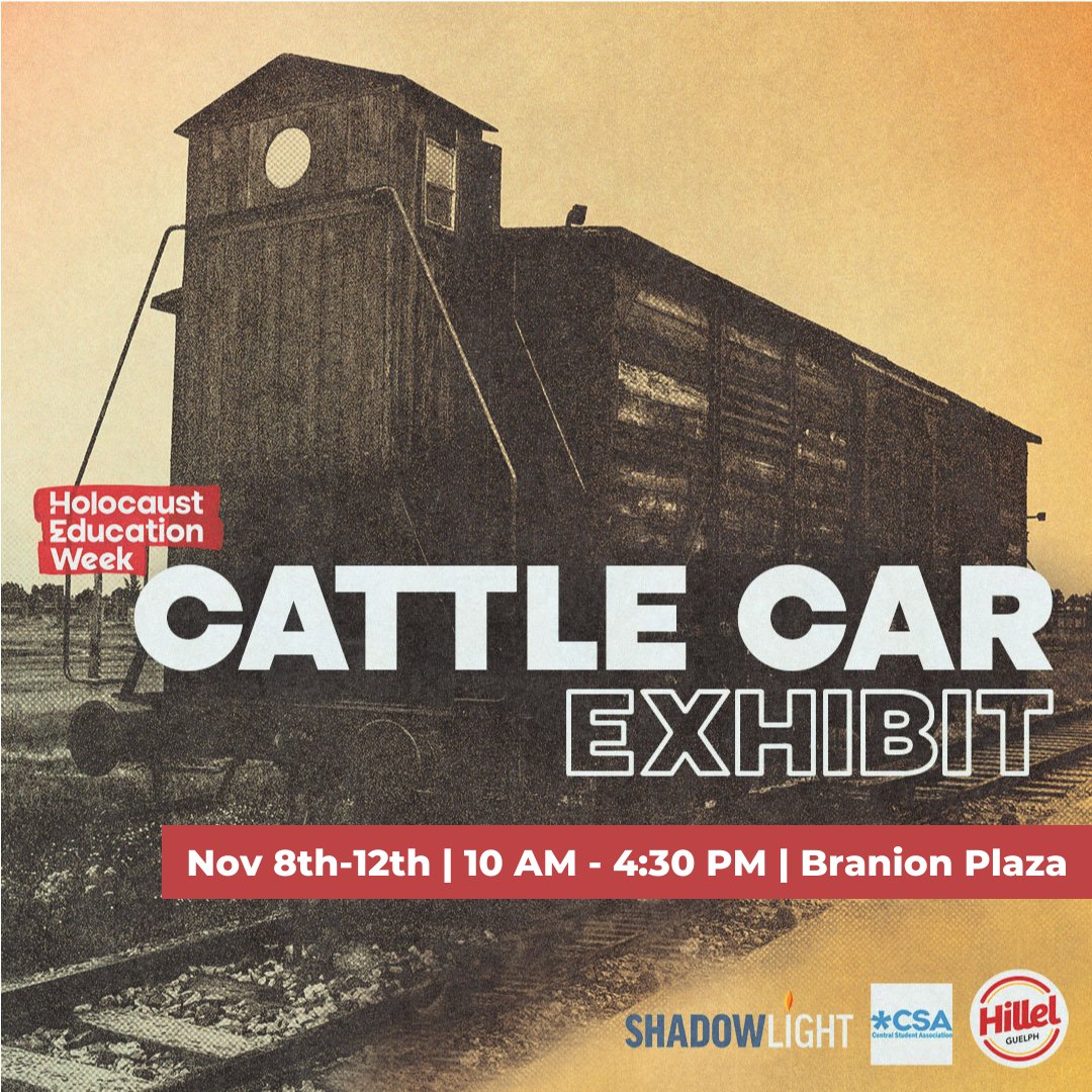 UofGStudentExp's tweet photo. As part of Holocaust Education Week, the Cattle Card exhibit is on the @uofg campus in Branion Plaza from 10am-4:30pm until Friday, November 12th. This 10-22 minute exhibit explores key components of the Holocaust &amp; its impacts. Admission is free.

@guelphhillel @my_shadowlight https://t.co/3CJmjj3HOp