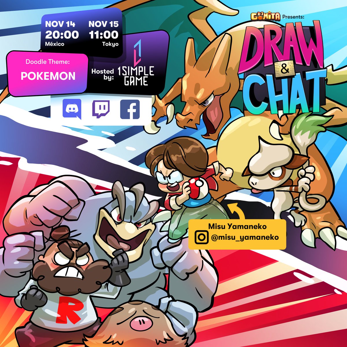 1SimpleGame's tweet photo. Gotta catch'em all!😎
This #DrawAndChat session join @Super_Misurino from Japan talking with our host @djgomita about #Pokemon✨
Watch on FB Live or at https://t.co/UUsibZtGYq
#1simplegame #discord #doodles #art #sketches #gaming https://t.co/kzbplG2Xn1