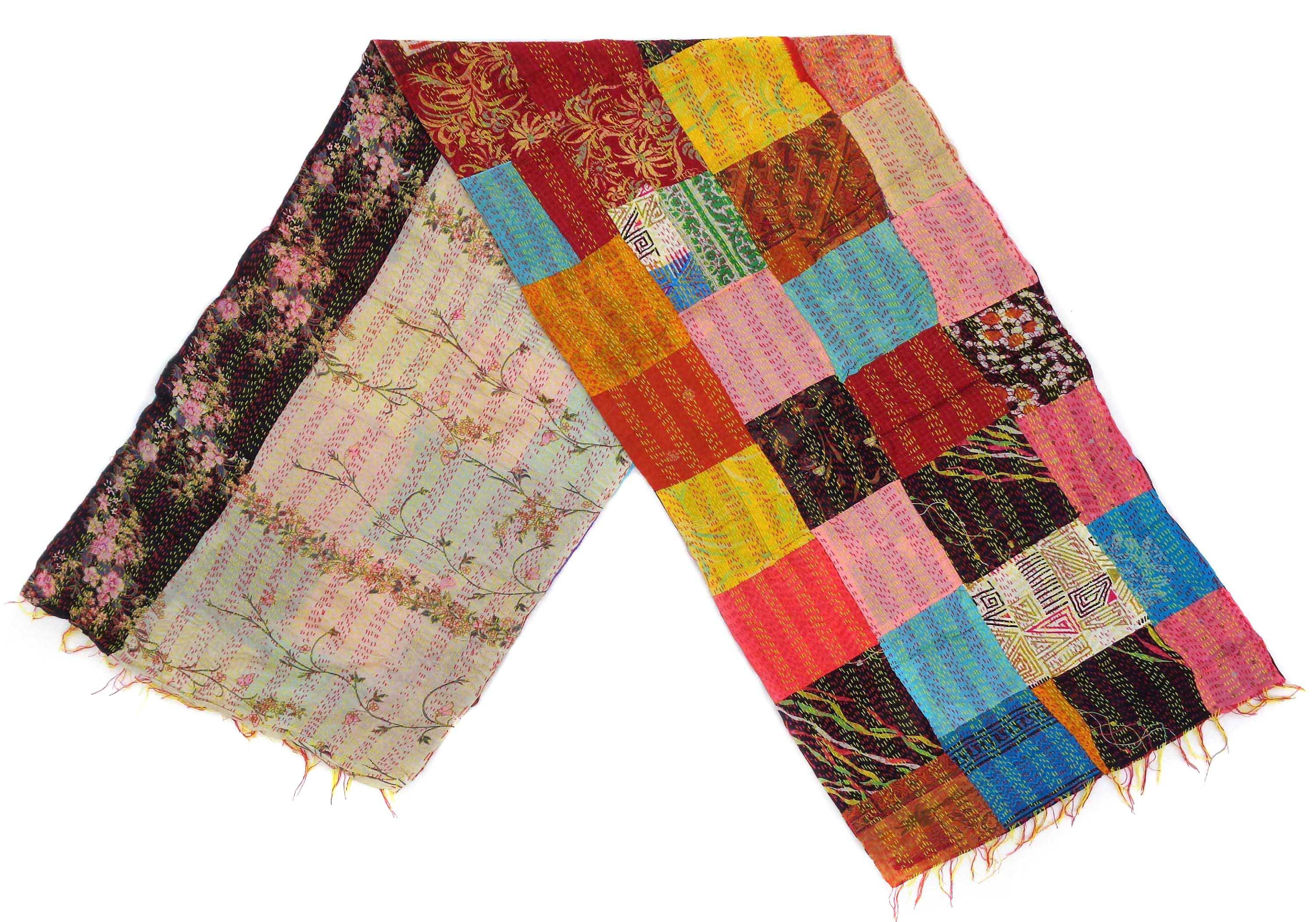 Silk Kantha Scarf patchwork Neck Wrap Stole Dupatta Hand Quilted Women Shawl KP95