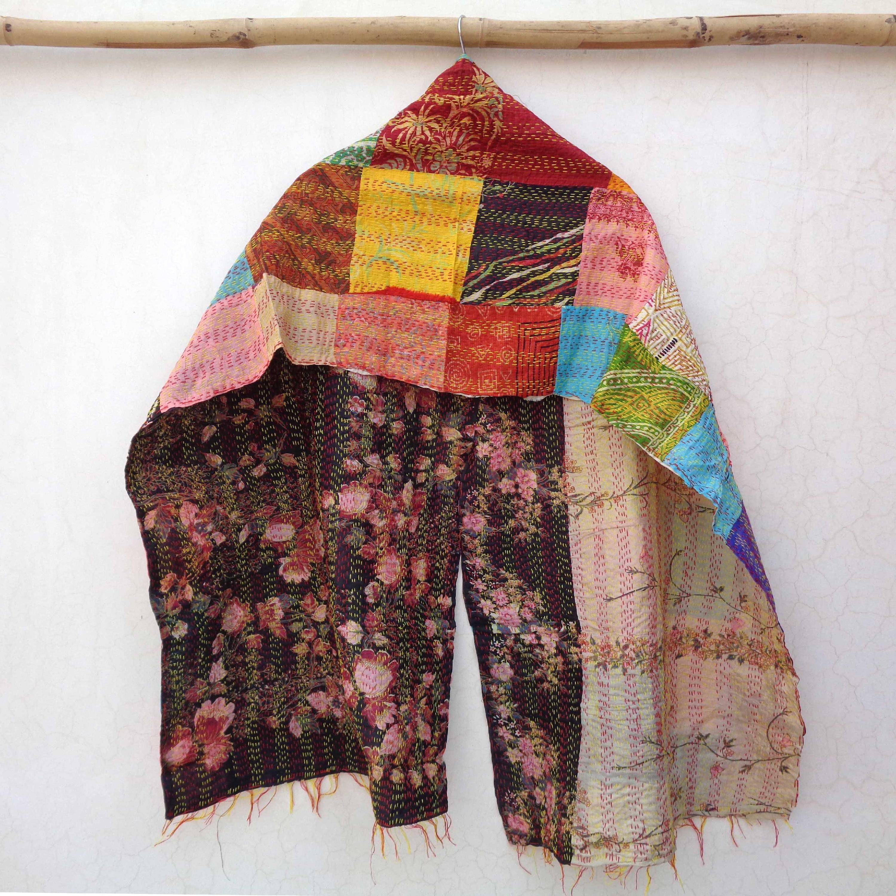 Silk Kantha Scarf patchwork Neck Wrap Stole Dupatta Hand Quilted Women Shawl KP95