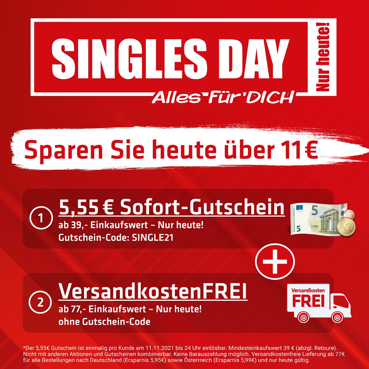 📣Singles Day Endspurt  - 5,55€ Gutschein on top!📣

Wir schenken euch 5,55€ ab 39€ Bestellwert ZUSÄTZLICH zur gratis Lieferung ab 77€ - NUR noch HEUTE, 11.11. bis 24 Uhr!

🛒Jetzt gleich mit Code SINGLE21 einlösen und insgesamt über 11€ sparen: ow.ly/LHTP50GLrm0