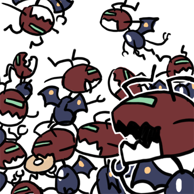 ちなみに一番最初に描いたぜお虫はこんな感じ。今より目が細く顔つきがシャープw
かるけさん@sss016 のつくった立体やイラストの影響を受けて、今の目が大きくて丸いバランスになったのである。 