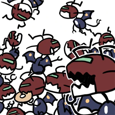 ちなみに一番最初に描いたぜお虫はこんな感じ。今より目が細く顔つきがシャープw
かるけさん@sss016 のつくった立体やイラストの影響を受けて、今の目が大きくて丸いバランスになったのである。 