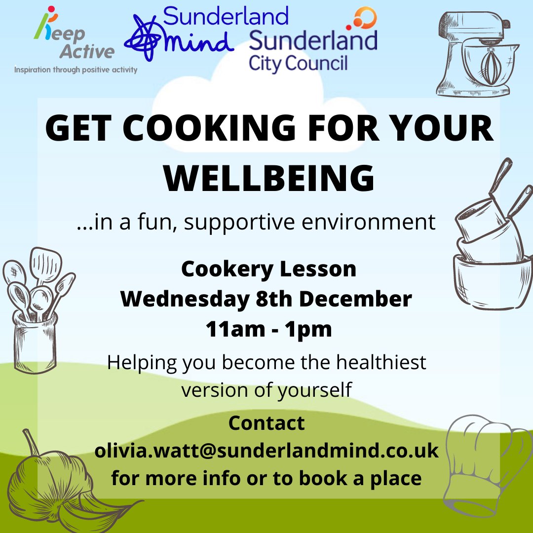 SunderlandMind's tweet image. Our first Cookery Lesson launches on Friday 8th December 11am - 1pm! Come and learn new skills with us to help you become the heathiest version of you! It is all part of our new project with @KeepActiveNE and @SunderlandUK Contact olivia.watt@sunderlandmind.co.uk to sign up!