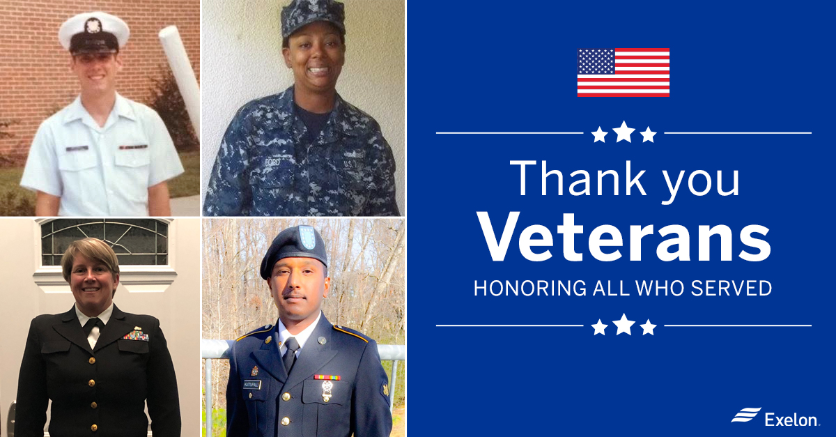 Exelon's tweet photo. To our employees who are veterans and to all who have served in our military, thank you for your service. #VeteransDay https://t.co/P1lvmSpHdT