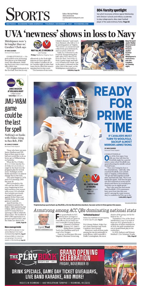 cwilinric's tweet photo. A jam-packed Nov.11 @RTDSports featuring former @bcprva star @WoolfolkJay potentially stepping into spotlight at #UVA, plus more #ACCFootball, #UVAMensHoops #VCU_Hoops #SpiderMBB #HokiesMBB #CAAFootball #WashingtonFootball @804Varsity and much more https://t.co/koSuAwTsbt