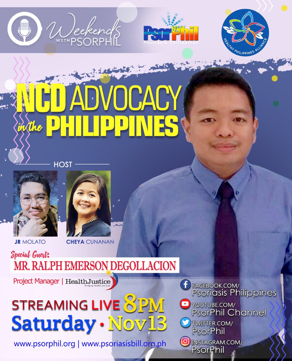 psorphil's tweet photo. Join us as we discuss different initiatives on NCD advocacy in the Philippines. @HealthJusticePH
@PHealthAlliance @NCDalliance
#wwpNCDphilippines
#beatNCDS #NCDs #ActOnNCDs
#NCDvoices #WeArePsorPhil
#WeekendsWithPsorPhil
#WWP
#United
#LetsGetUnited https://t.co/hzlPj5BIOq