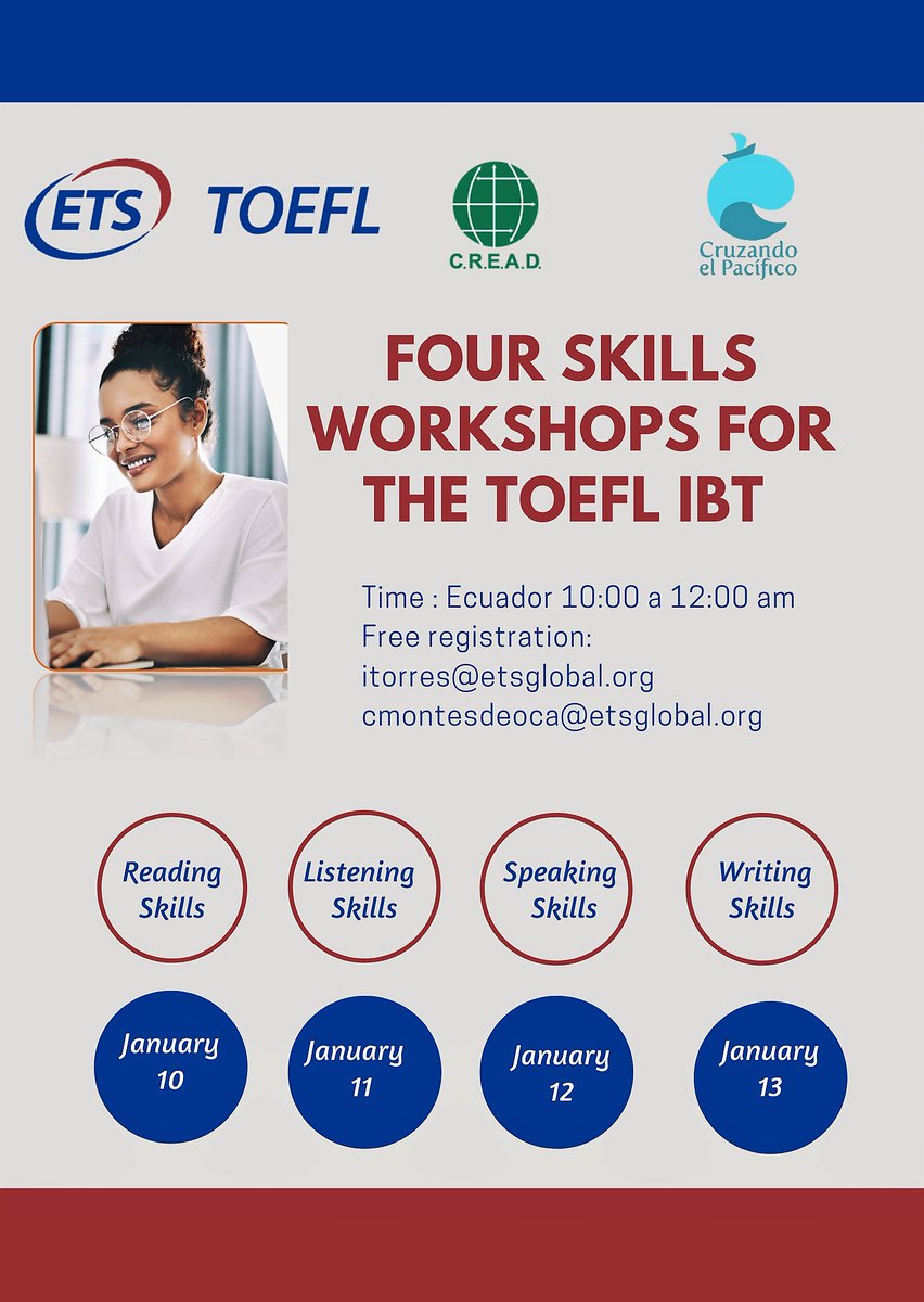 SomosCread's tweet photo. Participa durante enero en las capacitaciones #gratuitas "FOUR SKILLS WORKSHOPS FOR THE #TOEFL iBT". Un encuentro online, abierto a la comunidad donde todas y todos los interesados pueden participar ¡Revisa la noticia ingresando aquí 👉https://t.co/2BSV42P0g6 https://t.co/7ootdaIszf