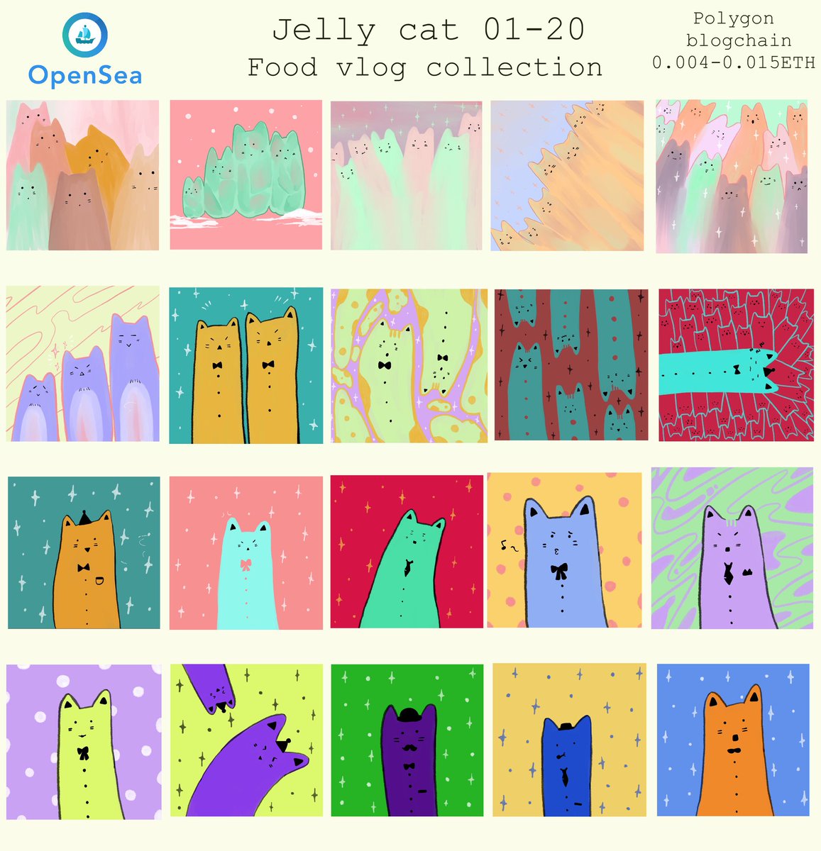polip_pNFT's tweet photo. Today update🌟
📣The food vlog collection 
♡ Jelly cat 01-20 🐱💚
[Polygon block chain]
0.004-0.015 Eth
is available now!
link>> https://t.co/XTpdHe062V
Hope collecters like it💖 
Enjoy! 
#NFTCommunity #nftcollector
 #NFTTHAILAND  #NFTartist  #NFTdrops #openseanfts #Polygon https://t.co/fvk03TuzTh