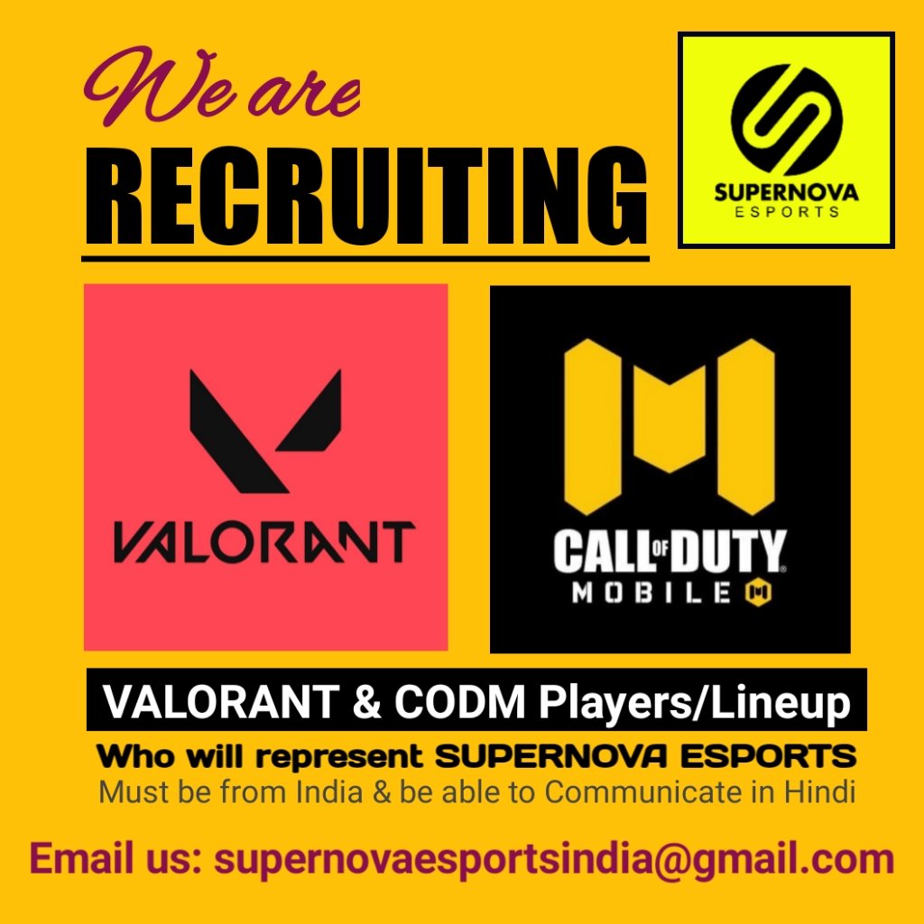 SNesportsIndia's tweet photo. We are recruiting Valorant &amp; CODM Lineup, as well as Pokemon Unite Lineup or other games (Except BGMI), who will represent SUPERNOVA ESPORTS. Players must have previous Esports Experience or Extremely Skilled. Email us at: supernovaesportsindia@gmail.com with all details. https://t.co/RPMqcOpgRp