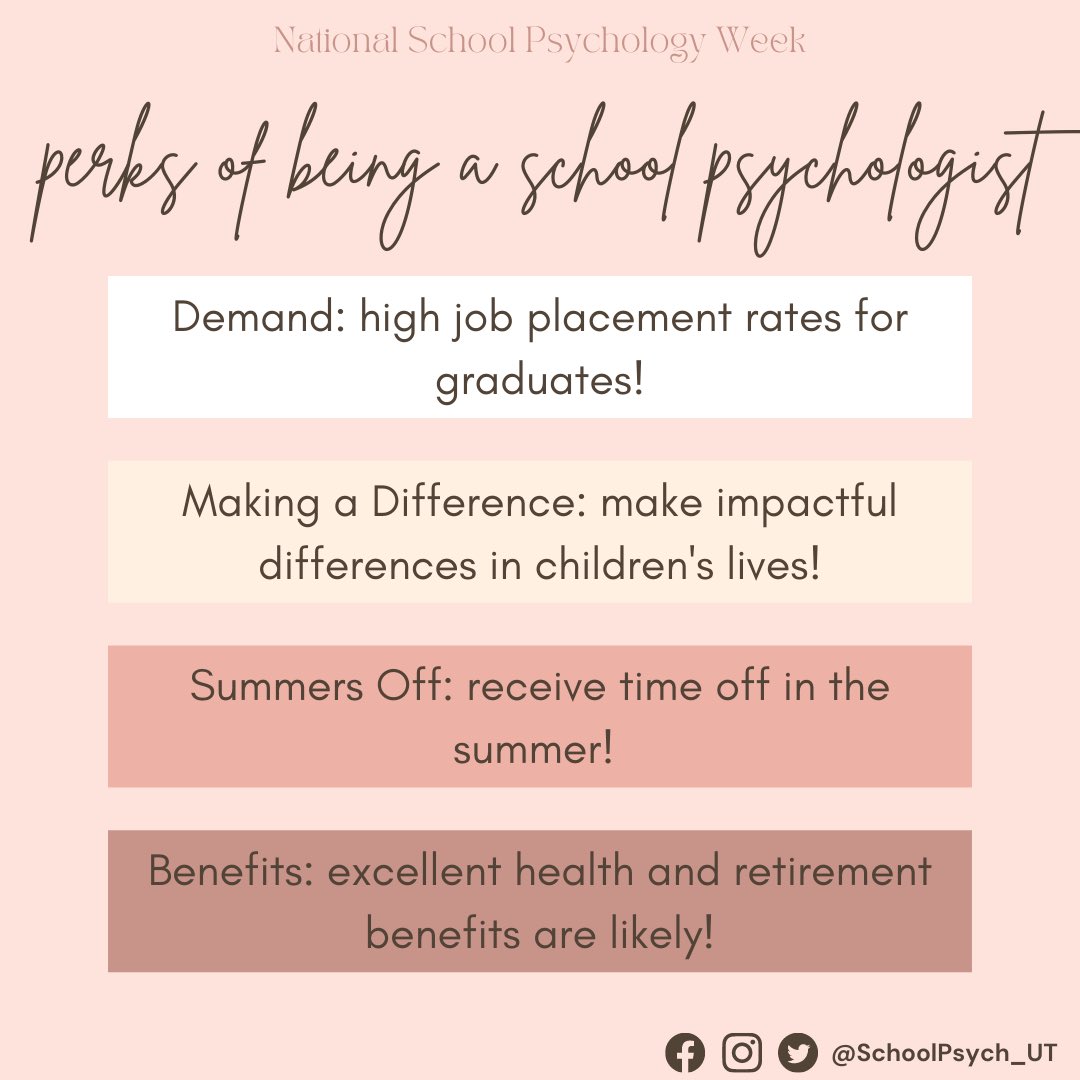 SchoolpsychU's tweet photo. In honor of NSPW, let’s talk about the perks of being a school psychologist! ✨ Reply with a school psychology perk below, and let’s see if we can make this list grow! #NationalSchoolPsychologyWeek https://t.co/GXLBGreCWD