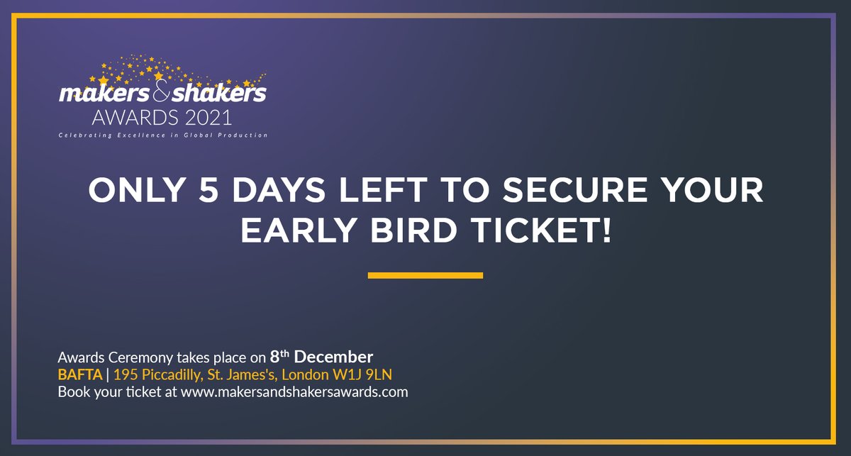 makershakersAWD's tweet photo. Only 5 days left to secure your early bird ticket!
To find out who the winners are, book your place today at https://t.co/Ux739crQB1
The offer ends on 15th November 2021.
#masawards2021 #MakersShakersAward2021 #makersinc #creativeindustry #Commercial #TV #Film https://t.co/wMWiKSQBLl