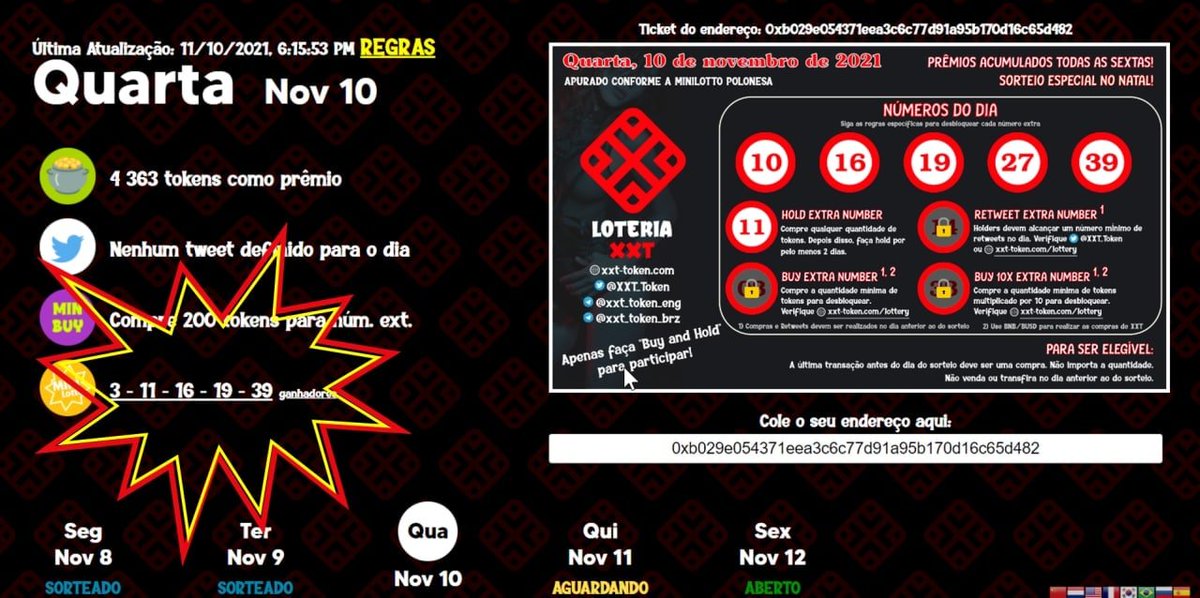 XXT_Token's tweet photo. Loteria Eletrônica @XXT_Token tem 1 ganhador em 10/11/2021
Números sorteados: 3 - 11 - 16 - 19 - 39
Veja agora o seu bilhete eletrônico em https://t.co/D1rCXNryYV

#xxt #loteria #lottery #shibainu #bitcoin #BTC #binance #crypto #nft #cryptocurrency #coinmarketcap #Coingecko https://t.co/HDoKB2bwpM