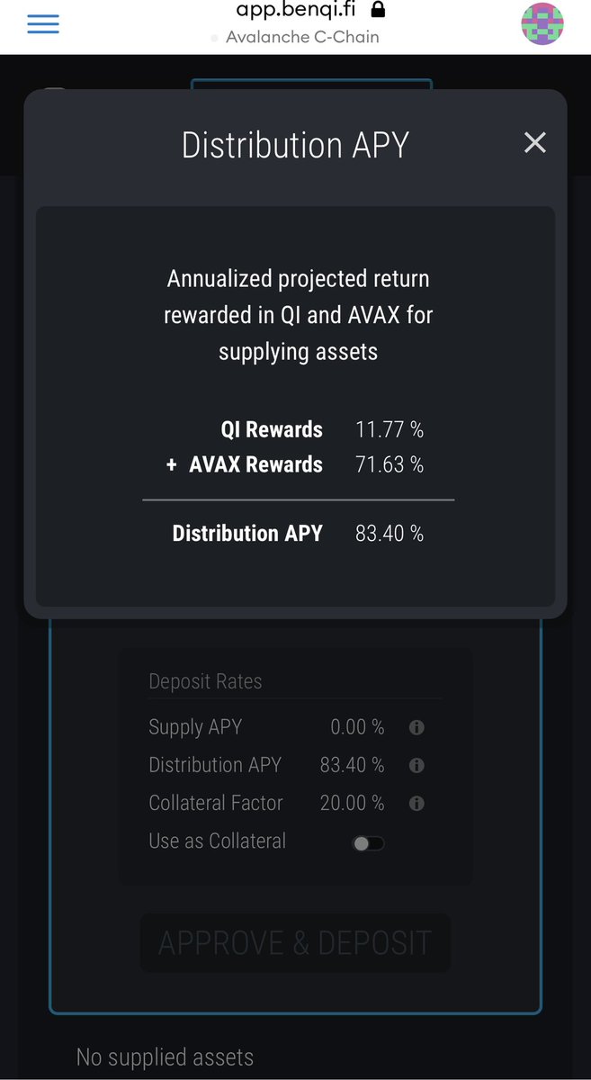 $QI デポジットで
$avax リワード　70%越えはやばいw