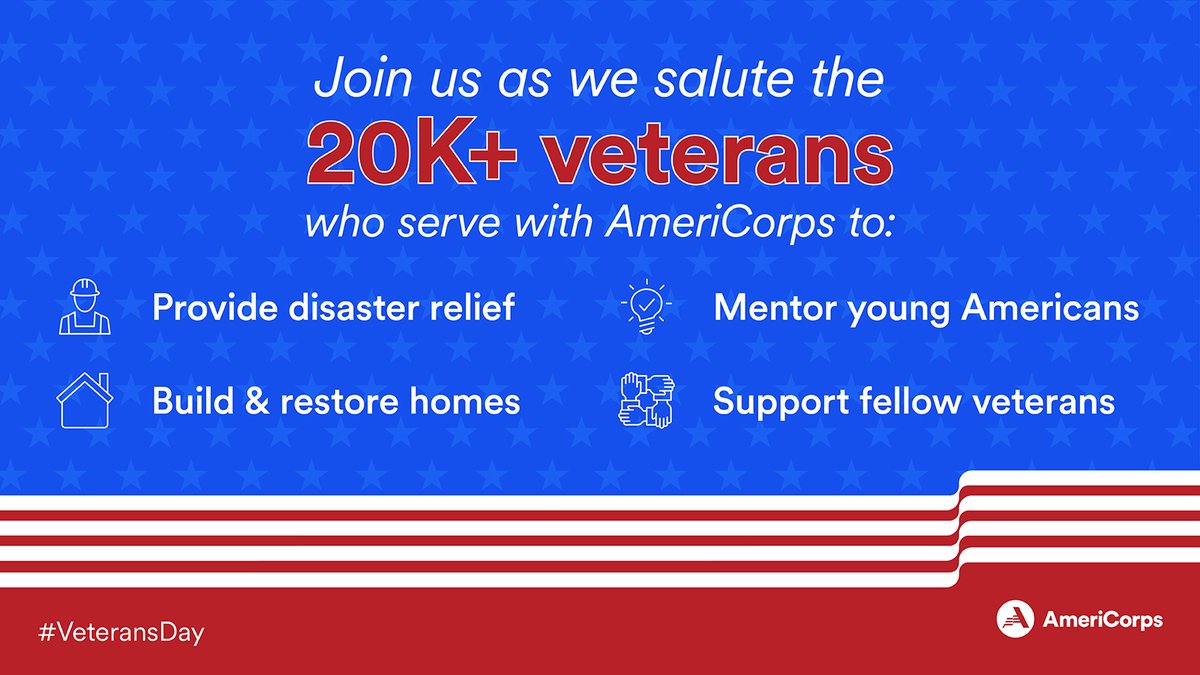 AmeriCorpsSr's tweet photo. Today on #VeteransDay, we salute the 2️⃣0️⃣K+ veterans who continue serving our nation by using their @AmeriCorps 🅰️ to solve America’s most pressing challenges at home. 

#RT to say #AmeriThanks with us &amp; learn more about how vets are #GettingThingsDone ➡️ https://t.co/L5qDVG9oxp https://t.co/l6jB7hVZ6l