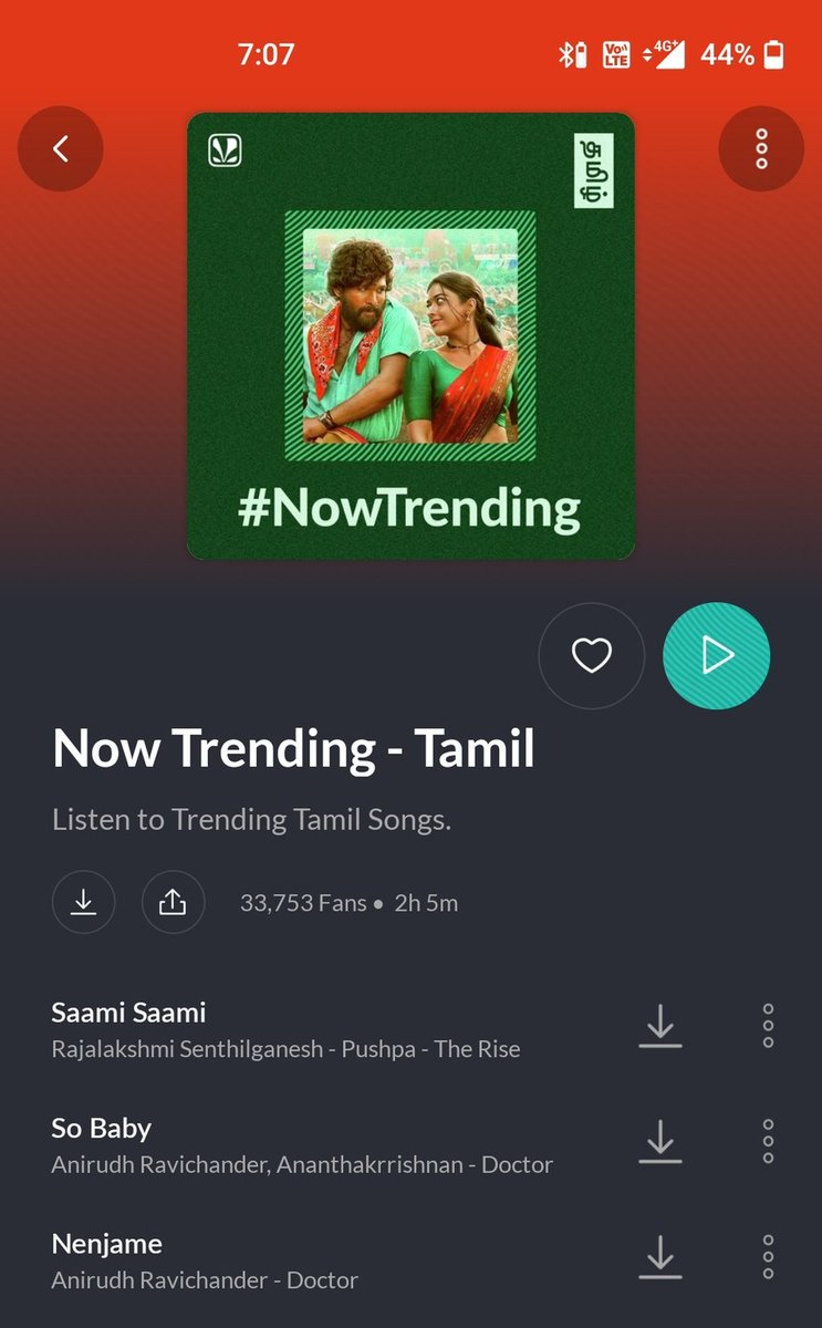 AlluArjunHCF's tweet photo. #SaamiSaami [ Tamil ] 

• Trending #10 In Tamil Nadu on @YouTube
With 6M+ Views 🔥

• Trending #1 Among Tamil Songs on @JioSaavn 💥

SOLID RESPONSE 🤙🏻🔥

@alluarjun | #PushpaTheRise . https://t.co/WpBsSVJc0S