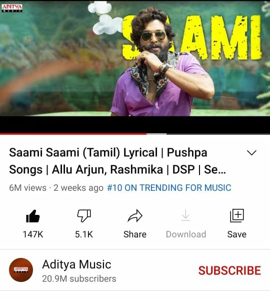 AlluArjunHCF's tweet photo. #SaamiSaami [ Tamil ] 

• Trending #10 In Tamil Nadu on @YouTube
With 6M+ Views 🔥

• Trending #1 Among Tamil Songs on @JioSaavn 💥

SOLID RESPONSE 🤙🏻🔥

@alluarjun | #PushpaTheRise . https://t.co/WpBsSVJc0S