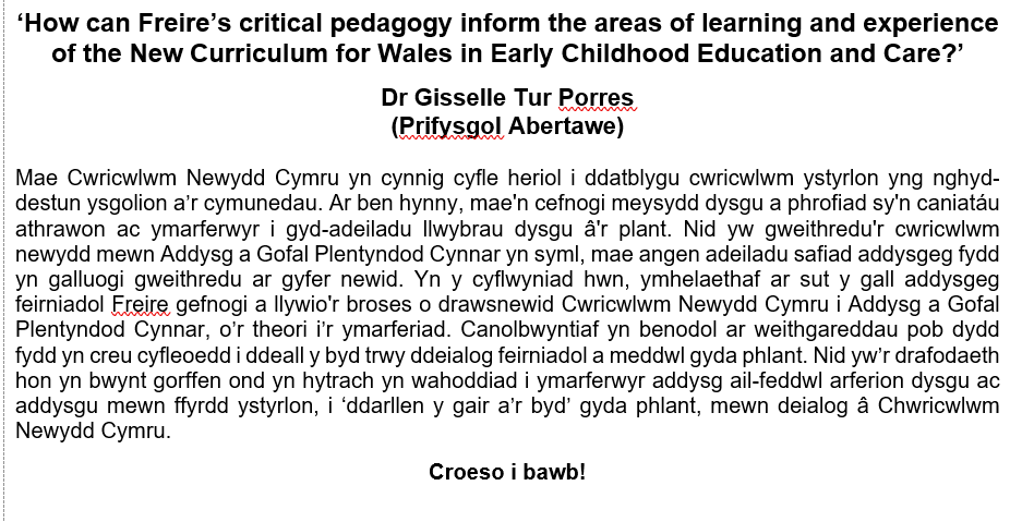 SwanseaUni_LTI's tweet photo. 📢Ein #CEPSAM seminar nesaf gan Dr Gisselle Tur Porres @educationsu @WERA_EdResearch D Mercher 17/11 1pm https://t.co/BLkQOkO0vg – Dewch yn llu! #CurriculumForWales @COAHPGR @MudiadMeithrin @CSCJES @CSC_langlitcomm @GwEGogleddCymru @sewalesEAS https://t.co/A6B8g82bx1