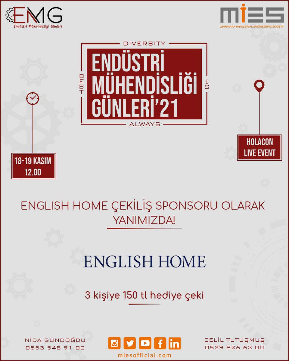 emgmies's tweet photo. EMG’21 de English Home, Ekip Sürücü Kursu ve British Centre çekiliş sponsorlarımız olarak yanımızda!

Dolu dolu bir EMG’21 seni bekliyor!

Son Kayıt Tarihi: 17 Kasım 🚨

Hemen Ücretsiz Kaydol! Link Bio’da! 👆

📆 18-19 Kasım 2021
⏱ 12.00
📍 Holacon Live Event https://t.co/ElFSvacIVx