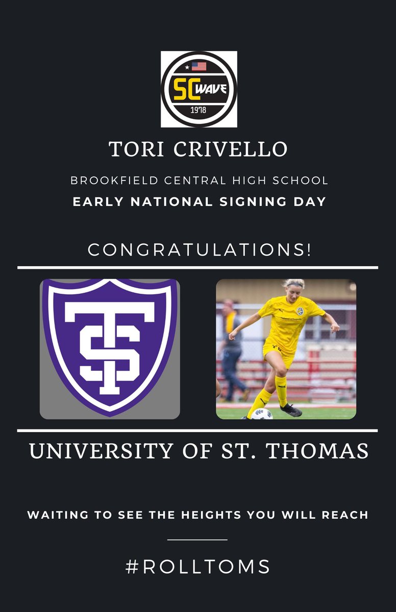 10 of 13

Big recognition for Tori Crivello as the 2nd Wave player signing her NLI to continue her studies &amp; play w the University of St. Thomas.  

Congrats Tori &amp; your entire family.  St. Thomas is lucky to have you!

<a href="/UST_WomenSoccer/">Follow @TommieWSoccer</a> <a href="/GAcademyLeague/">Girls Academy</a> <a href="/toricrivello72/">toricrivello72</a> <a href="/SCWAVEROC/">SC WAVE</a>