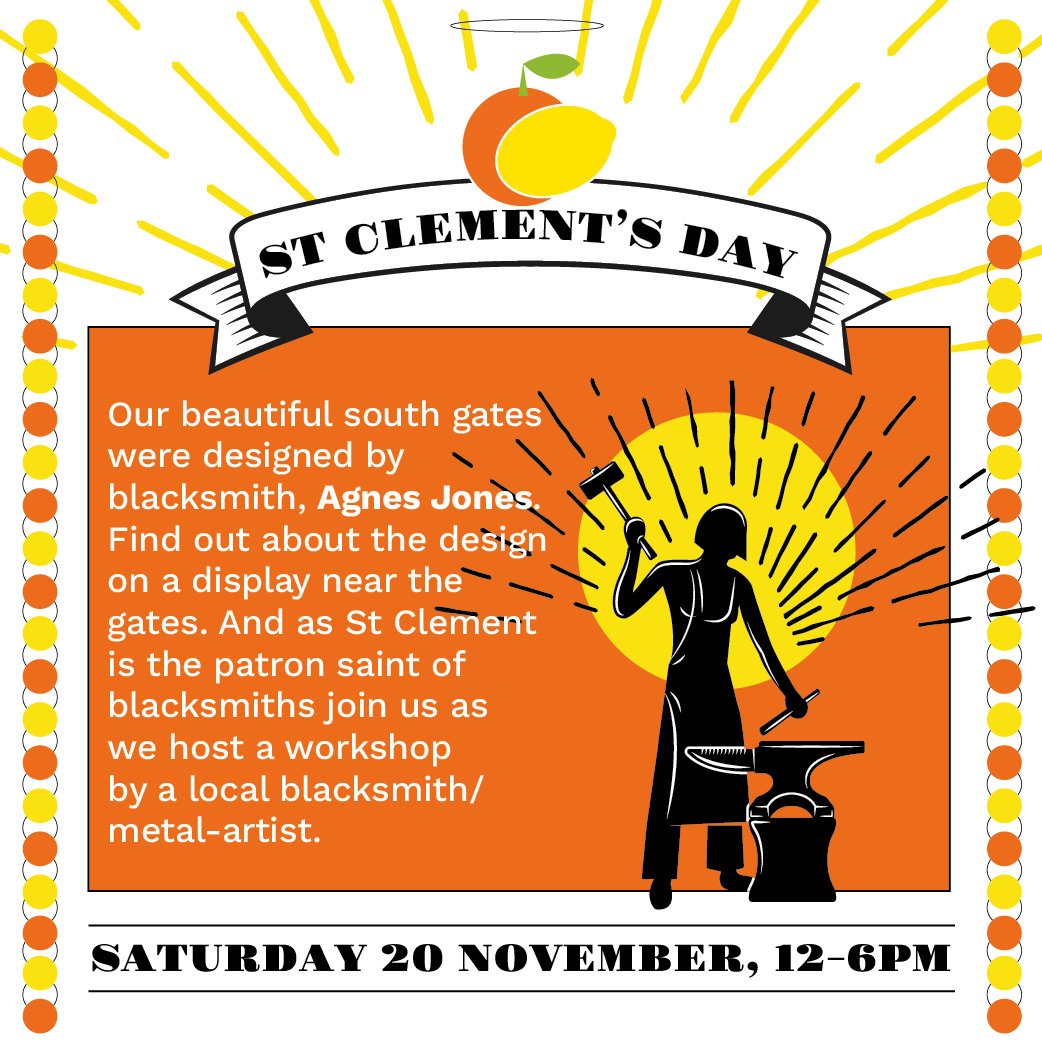 StClementsBow's tweet photo. To celebrate the patron saint of #blacksmiths the one and only @Agnesmjones who created the South Gate at St Clement's Bow will be joining us! 🍊🍋💛🧡🍊🍋 https://t.co/jNW1O98K7D