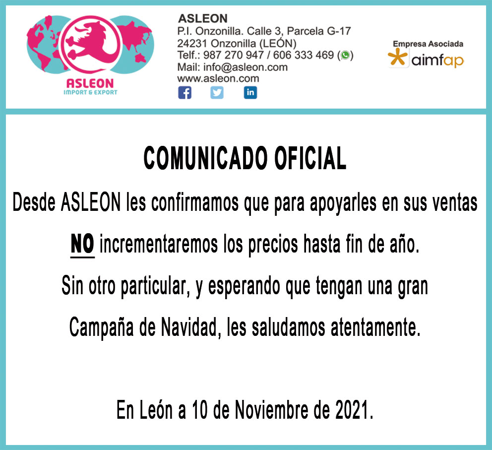 ASLEON_SL's tweet image. 📣 COMUNICADO OFICIAL !!!

🖥asleon.com

#DejamosHuella 🐾 | @aimfap | #PromotionalItems | #PromotionalGifts | #Leonesp 🦁 |