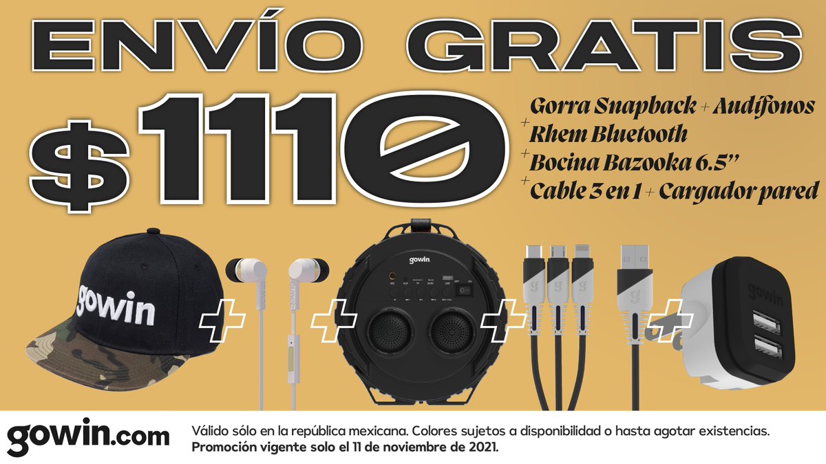 Aprovecha nuestro gran combo de Buen Fin 
¡SOLO POR HOY! en gowin
Bocina bazooka, audífonos RHEM BT, cargador para pared, cable 3 en 1, y gorra de gowin, todo por solo $1,110 y con envío GRATIS.
 bit.ly/3onkT9s