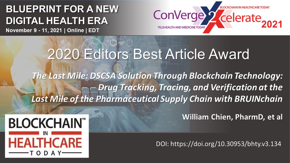 Blockchain HC Today (@bhtyjournal) on Twitter photo ANNOUNCING the Blockchain in Healthcare Today (<a href="/BHTYJournal/">Blockchain HC Today</a> ) #peerreviewed #journal Editors Best Article Award!
CONGRATULATIONS <a href="/LedgerDomain/">LedgerDomain</a> <a href="/UCLA/">UCLA</a>
#blockchain #blockchaintech #blockhainresearch #blockchaininhealthcare <a href="/HHSGov/">HHS.gov</a> #DSCSA #peerreviewed <a href="/jhalamka/">John Halamka, M.D., M.S.</a> <a href="/billatnapier/">Prof B Buchanan OBE FRSE</a> ANNOUNCING the Blockchain in Healthcare Today (<a href="/BHTYJournal/">Blockchain HC Today</a> ) #peerreviewed #journal Editors Best Article Award!
CONGRATULATIONS <a href="/LedgerDomain/">LedgerDomain</a> <a href="/UCLA/">UCLA</a>
#blockchain #blockchaintech #blockhainresearch #blockchaininhealthcare <a href="/HHSGov/">HHS.gov</a> #DSCSA #peerreviewed <a href="/jhalamka/">John Halamka, M.D., M.S.</a> <a href="/billatnapier/">Prof B Buchanan OBE FRSE</a>