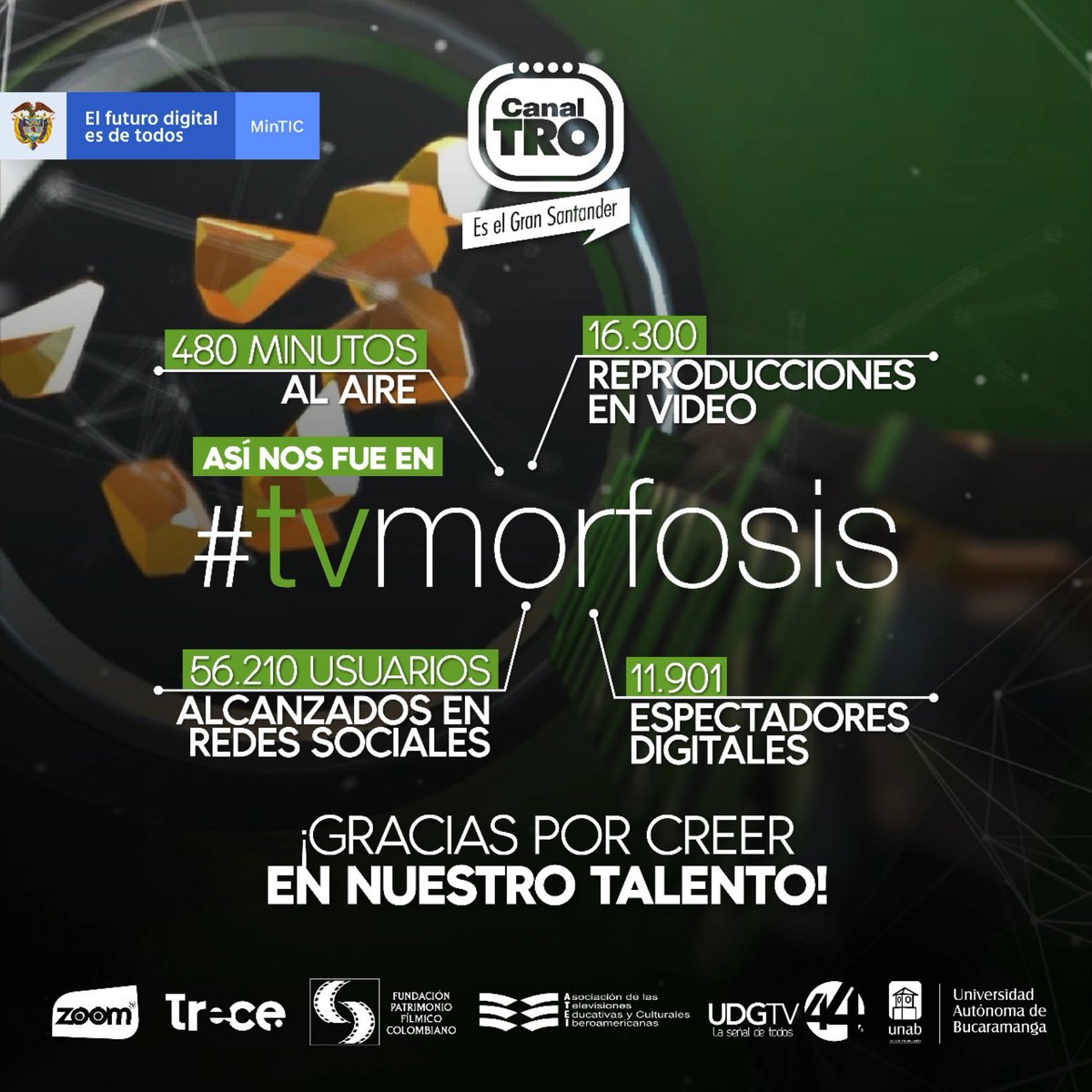 AmandaJaimesM's tweet photo. Estas son algunas de las cifras de @TVMORFOSIS en #Colombia, que nos demuestran la gran acogida de este formato liderado por @CanalTRO y con apoyo de @Ministerio_TIC, @ATEIberoamerica, @CanalTreceCO, @CANAL44TV, @CanalZOOMTV, @patfilmcolombia y @unab. ¡Es un logro de todo! 👏🏻🏆👏🏻 https://t.co/2SsRtvlhTo